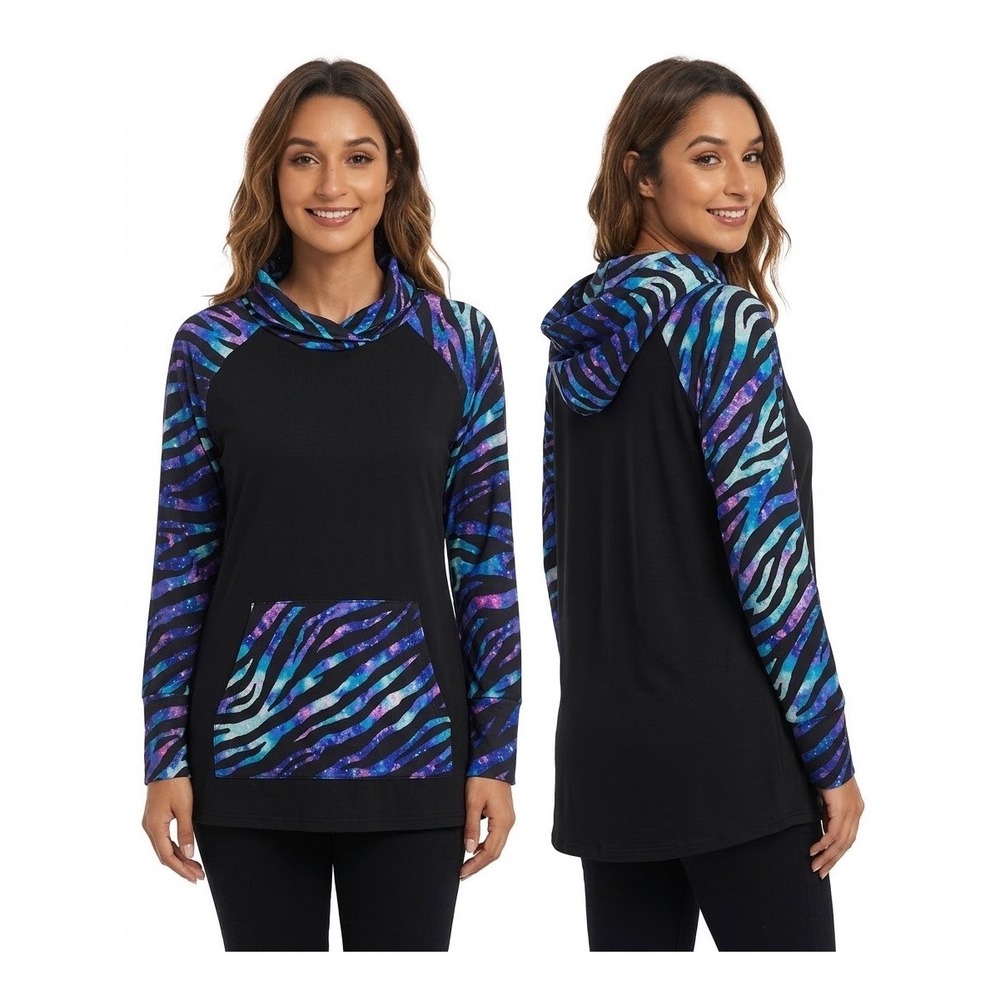 LuLaRoe Amber Hoodie Top Large Black Galaxy Zebra Print Raglan Sleeve Pullover